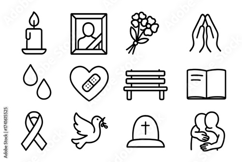 Coping with Loss Icons. Outline icon set of coping with loss: memorial candle, framed photo, flower bouquet,