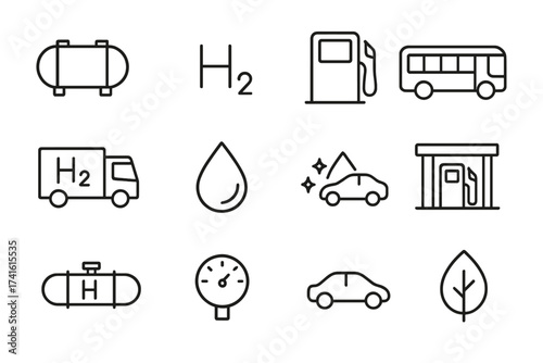 Hydrogen Vehicle Icons. Outline icon set of hydrogen-powered vehicles: hydrogen tank, H2 logo, fuel pump, bus,