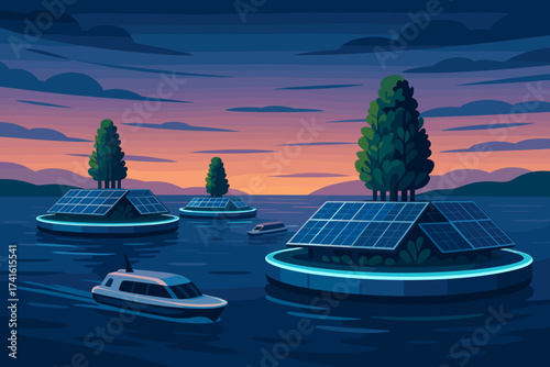 Solar islands floating on water at sunset showcasing renewable energy in serene environment