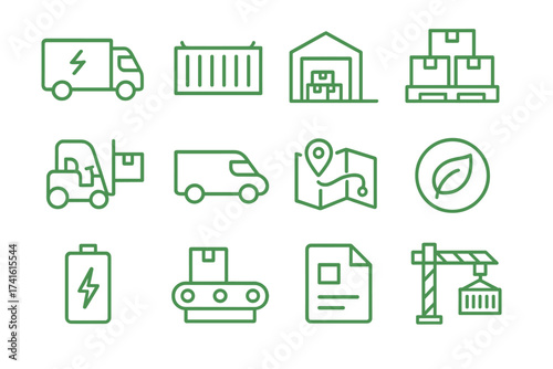 Green Freight Logistics Icons. Outline icon set of green freight logistics: electric truck, cargo container,