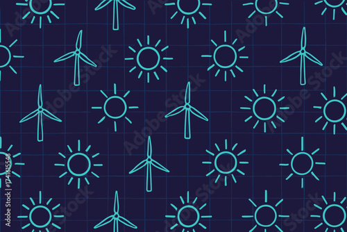 Creative pattern of wind turbines and sun symbols on a dark background showcasing renewable energy themes in modern design