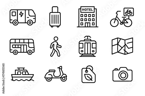 Sustainable Tourism Icons. Outline icon set of sustainable tourism mobility: electric shuttle, luggage, hotel,