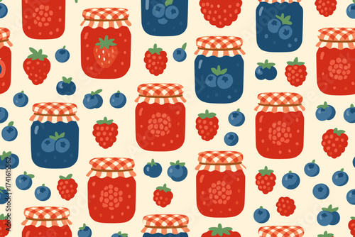 Colorful jars of jam and fruit on a light background creating a cheerful and vibrant pattern for kitchen decor