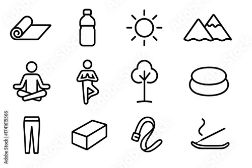 Outdoor Yoga Icons. Outline icon set of outdoor yoga: yoga mat, water bottle, sun, mountain, lotus pose, tree