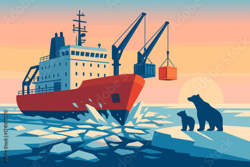 Cargo ship transporting goods through icy waters at sunset with polar bears on the shore