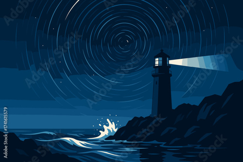 Lighthouse stands tall against the night sky while guiding ships safely through rocky waters