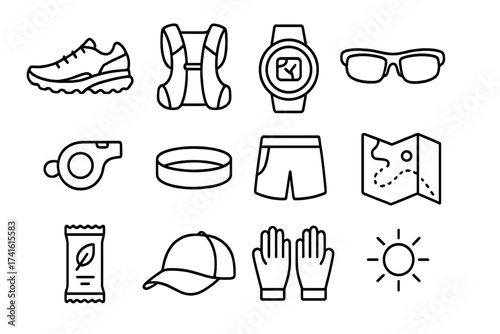 Trail Running Essentials. Outline icon set of trail running: running shoes, hydration pack, GPS watch,