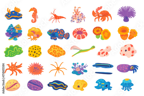 Colorful underwater creatures and coral reef elements displayed in a vibrant illustration