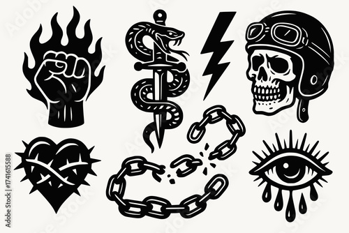 Black and white tattoo flash symbols fist flame snake dagger skull helmet chain heart eye punk style