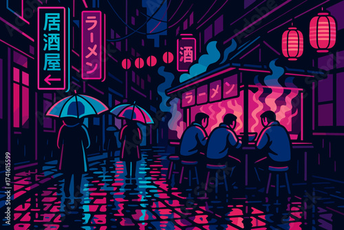 Nighttime street scene with diners and neon signs in an Asian city