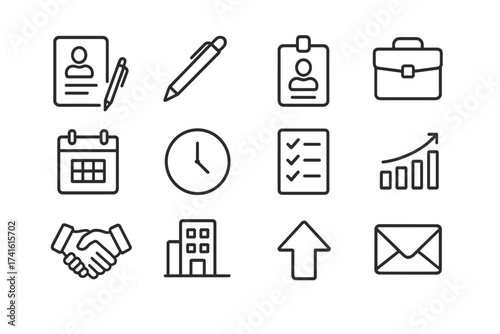 Internal Job Application Icons. Outline icon set of internal job applications: document, pen, ID badge,