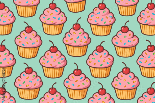 Colorful cupcake pattern with pink frosting and cherries on a light green background for fun design projects