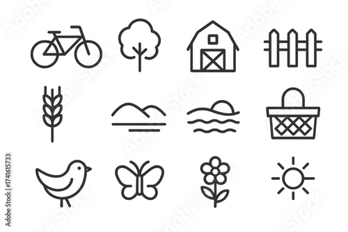 Countryside Icon Grid. Outline icon set of scenic countryside ride: bike frame, tree, barn, fence, wheat stalk