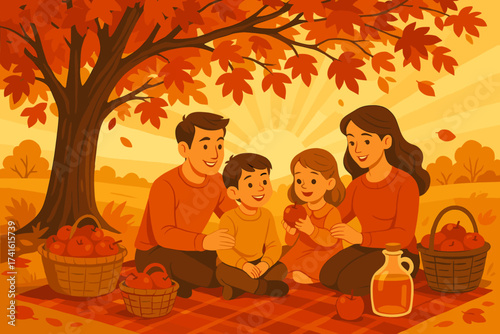 Enjoying autumn together in a colorful park surrounded by leaves and apple baskets during sunset with family