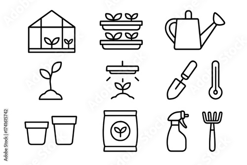 Greenhouse Tools Icons. Outline icon set of greenhouse setup: greenhouse, plant trays, watering can, seedling,
