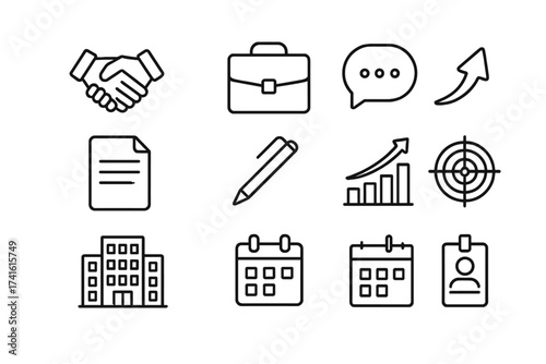 Negotiation Icons Set. Outline icon set of negotiating promotions: handshake, briefcase, speech bubble,