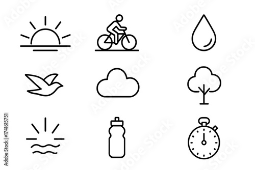 Sunrise Cycling Icons. Outline icon set of sunrise cycling: sun, horizon, cyclist silhouette, road line,