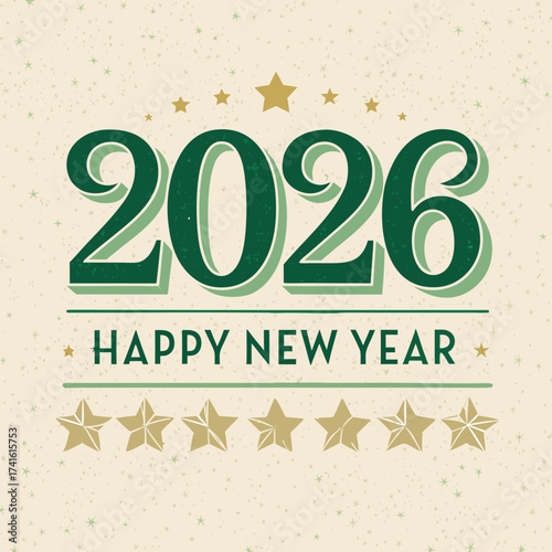 Celebrate the new year 2026 with festive greeting design featuring stars and gold accents