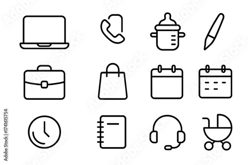 Parenting Multitasking Icons. Outline icon set of multitasking as a parent: laptop, phone, cooking pot, baby