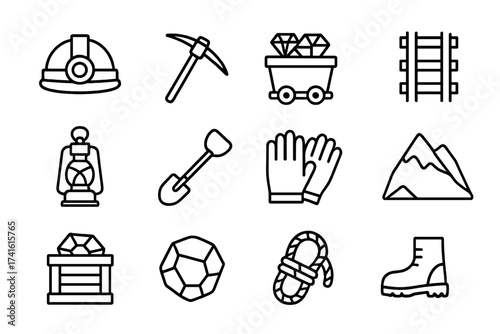 Gemstone Mining Icons. Outline icon set of gemstone mining communities: miner’s helmet, pickaxe, cart, rails,