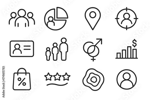 Customer Segmentation Icons. Outline icon set of customer segmentation: group icon, demographic chart, map pin