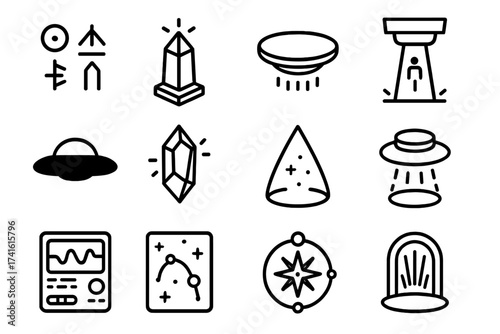 Alien Tech Icons. Outline icon set of alien teleportation tech: alien glyphs, glowing obelisk, levitating