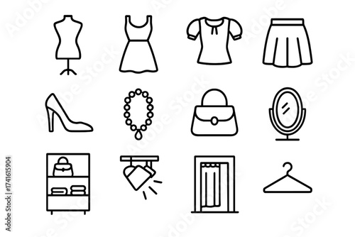 Boutique Icon Set. Outline icon set of designer boutique display: mannequin, dress, blouse, skirt, heels,