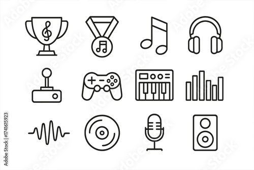 Game Music Icons. Outline icon set of game music awards: trophy, medal, music note, headphones, joystick,