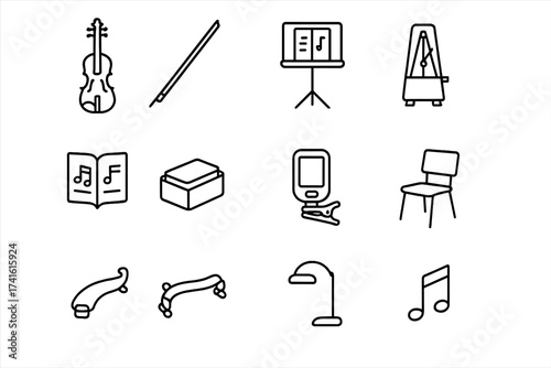 Violin Icon Collection. Outline icon set of violin on music stand: violin, bow, music stand, sheet music,