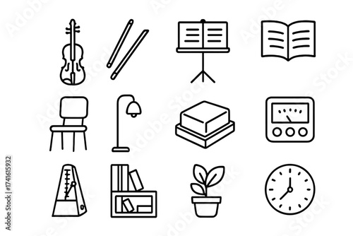 Music Practice Icon Set. Outline icon set of home music practice corner: violin, bow, music stand, sheet music