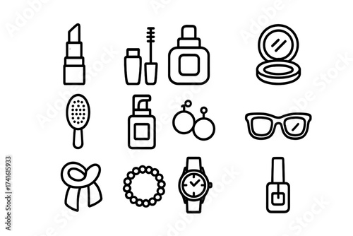 Blogger Beauty Essentials Icons. Outline icon set of blogger beauty essentials: lipstick, mascara, perfume,