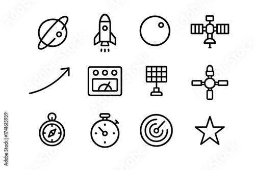 Orbital Mechanics Icons. Outline icon set of orbital mechanics: orbit path, rocket, planet, satellite,