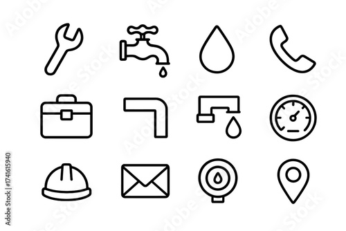 Emergency Plumbing Icons. Outline icon set of emergency plumbing contact card: wrench, faucet, water drop,