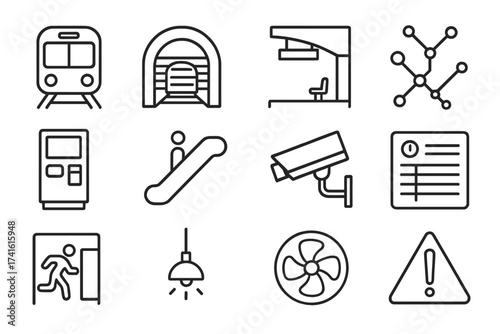 Underground Transport Icons. Outline icon set of underground train travel: train front view, tunnel, station