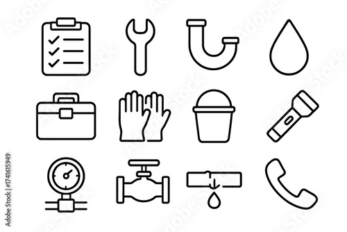 Plumbing Inspection Icons. Outline icon set of plumbing inspection checklist: checklist, wrench, pipe, water