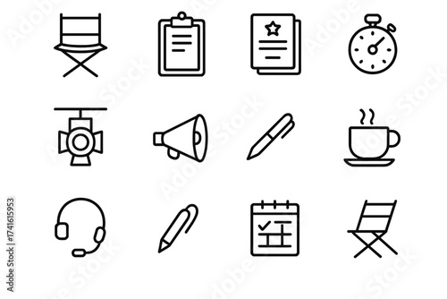 Theater Director Icons. Outline icon set of theater director giving notes: director’s chair, clipboard, script