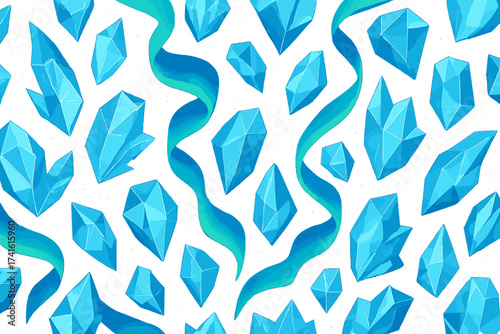 Vibrant blue crystals arranged in a creative pattern on a white background showcasing artistic design elements