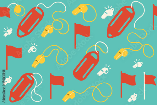 Colorful pattern of lifebuoys, whistles, and flags suitable for summer safety themes