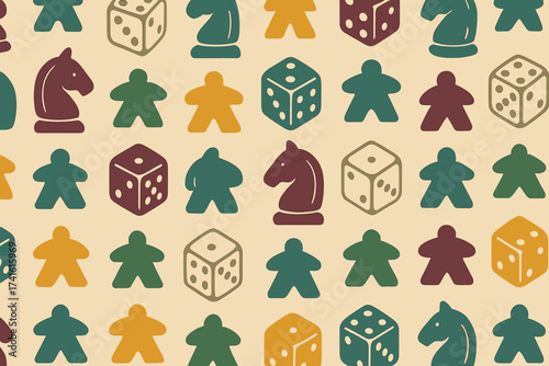 Colorful pattern of board game pieces and dice created for tabletop gaming enthusiasts and designers