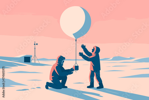 Scientists releasing a weather balloon in a snowy landscape at dawn during a research expedition in the Arctic