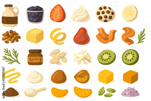 Colorful collection of various food ingredients, fruits, and condiments arranged in a grid pattern
