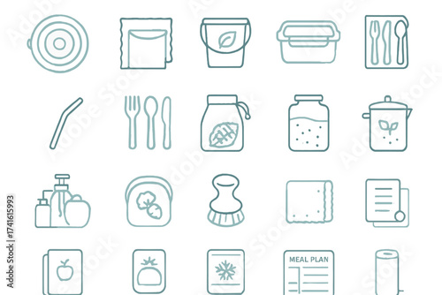 Kitchen organization tools and meal planning items displayed on a clean background for efficient cooking preparation in a modern kitchen