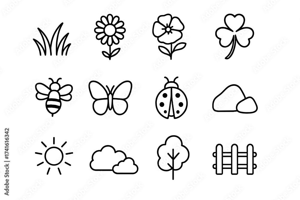 Obraz premium Wildflower Meadow Icons. Outline icon set of wildflower meadow: grass, daisies, poppies, clovers, bees,