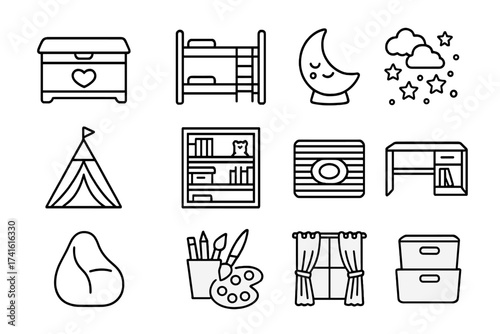 Kids' Room Icons. Outline icon set of kids' room décor and design: toy chest, bunk bed, nightlight, wall