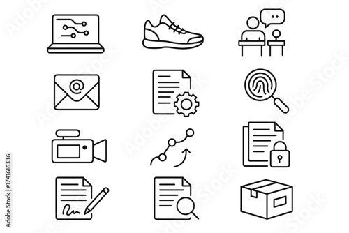 IP Evidence Icon Set. Outline icon set of evidence in IP cases: digital evidence, physical product, witness