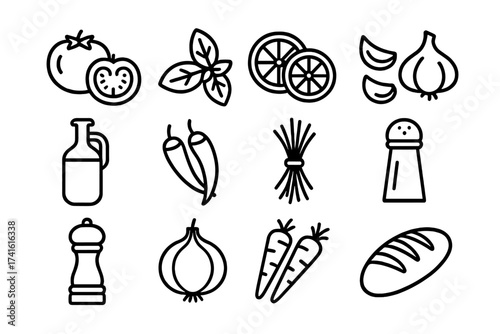 Fresh Ingredients Icons. Outline icon set of fresh ingredients: tomatoes, basil leaves, lemon slices, garlic