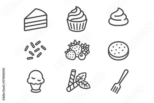 Dessert Icons Grid. Outline icon set of dessert styling: cake slice, cupcake, frosting, sprinkles, chocolate