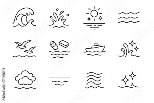 Ocean Effects Icon Set. Outline icon set of ocean surface effects: crashing waves, foam spray, sunlight