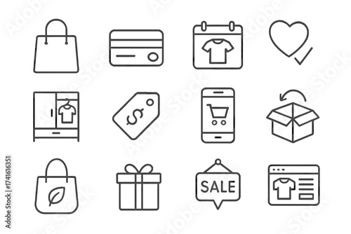Fashion Habits Icons. Outline icon set of fashion consumer habits: shopping bag, credit card, wishlist, outfit