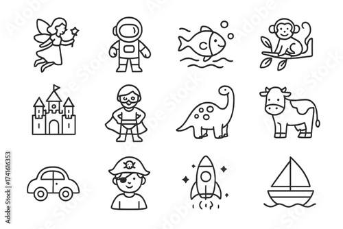 Kids' Room Icon Set. Outline icon set of kids’ room themes: fairy tale, space explorer, underwater, jungle